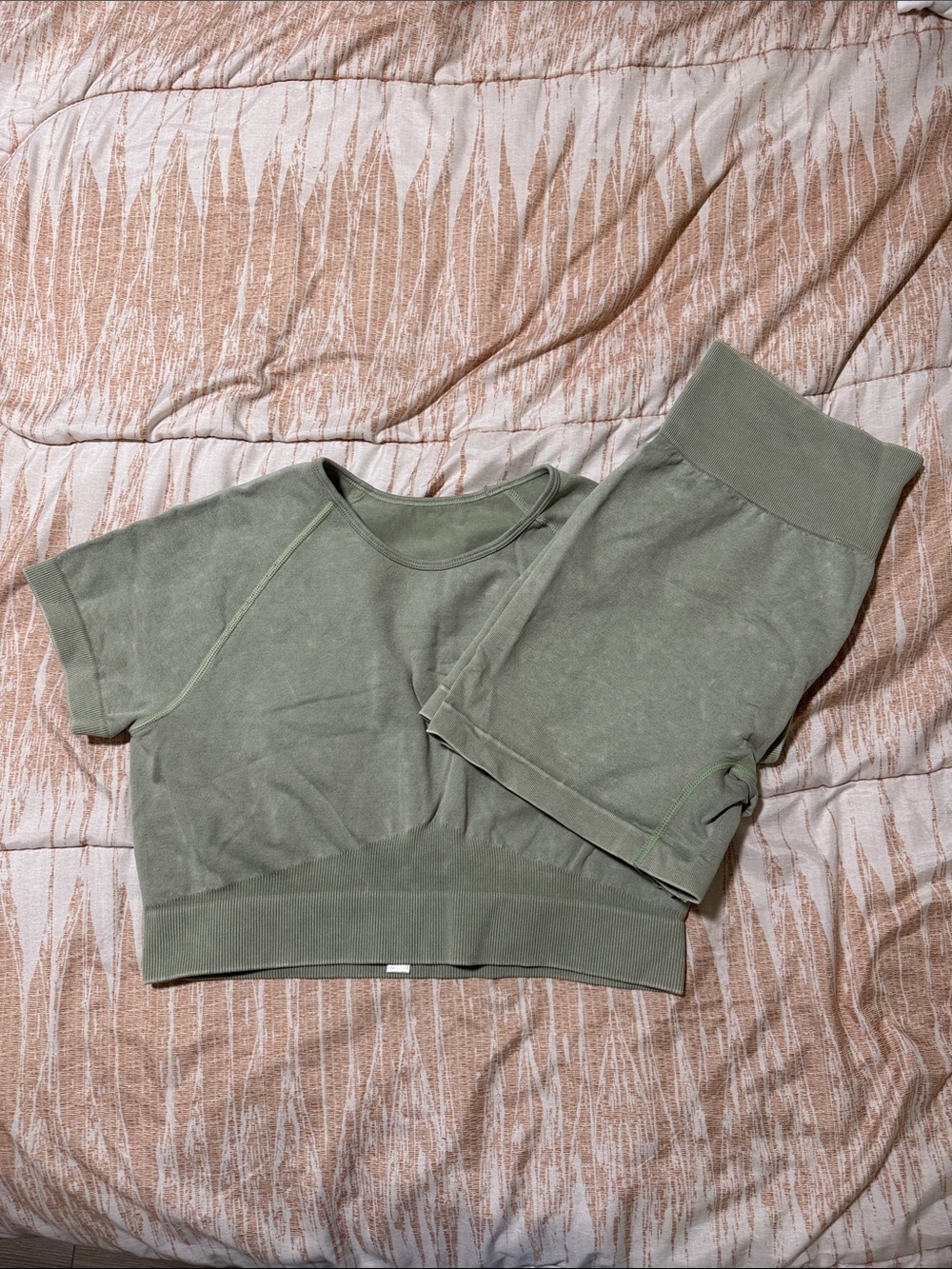 SHEIN Olive Green Bike Shorts and Cropped Top Set